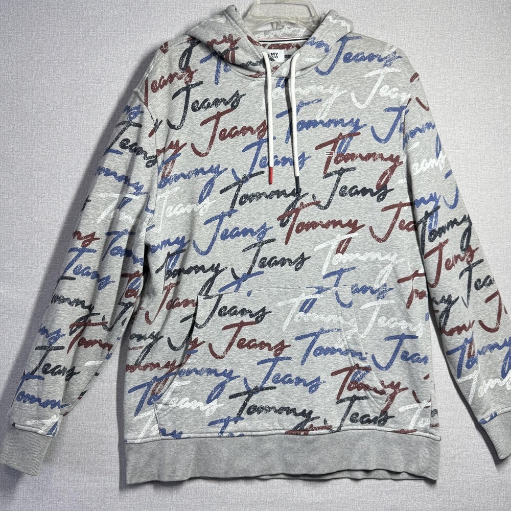 Tommy Jeans Hoodie Mens‎ Large Gray Allover Graphic Logo Script Fleece Pullover